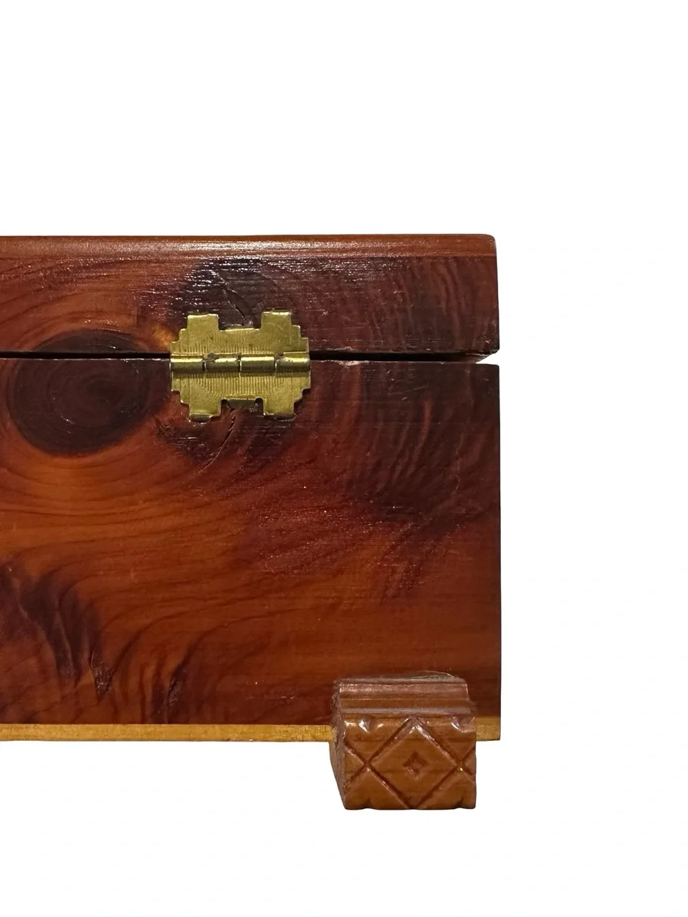 Vtg Carved Wood Trinket Keepsake Box Diamond Cottage Lithograph Inset Flaw Folk